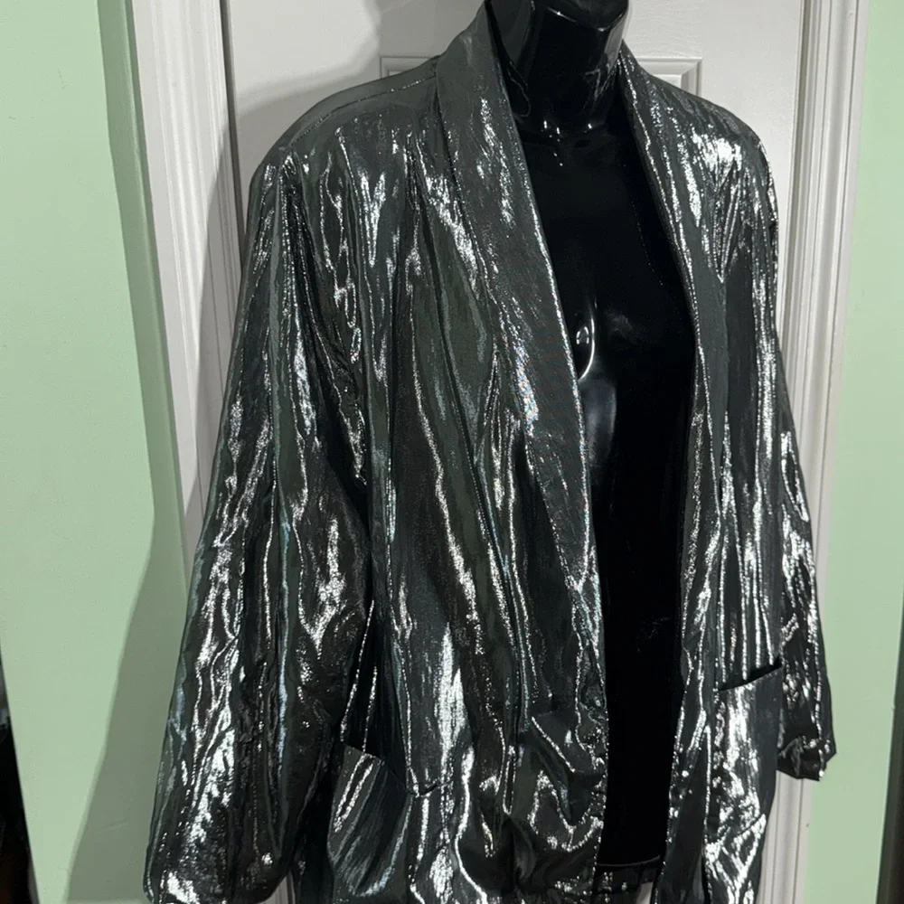 Vintage Silver 70/80s Disco Shiny Open Front Blazer Jacket Estimated Size Med/Lg - Picture 2 of 15
